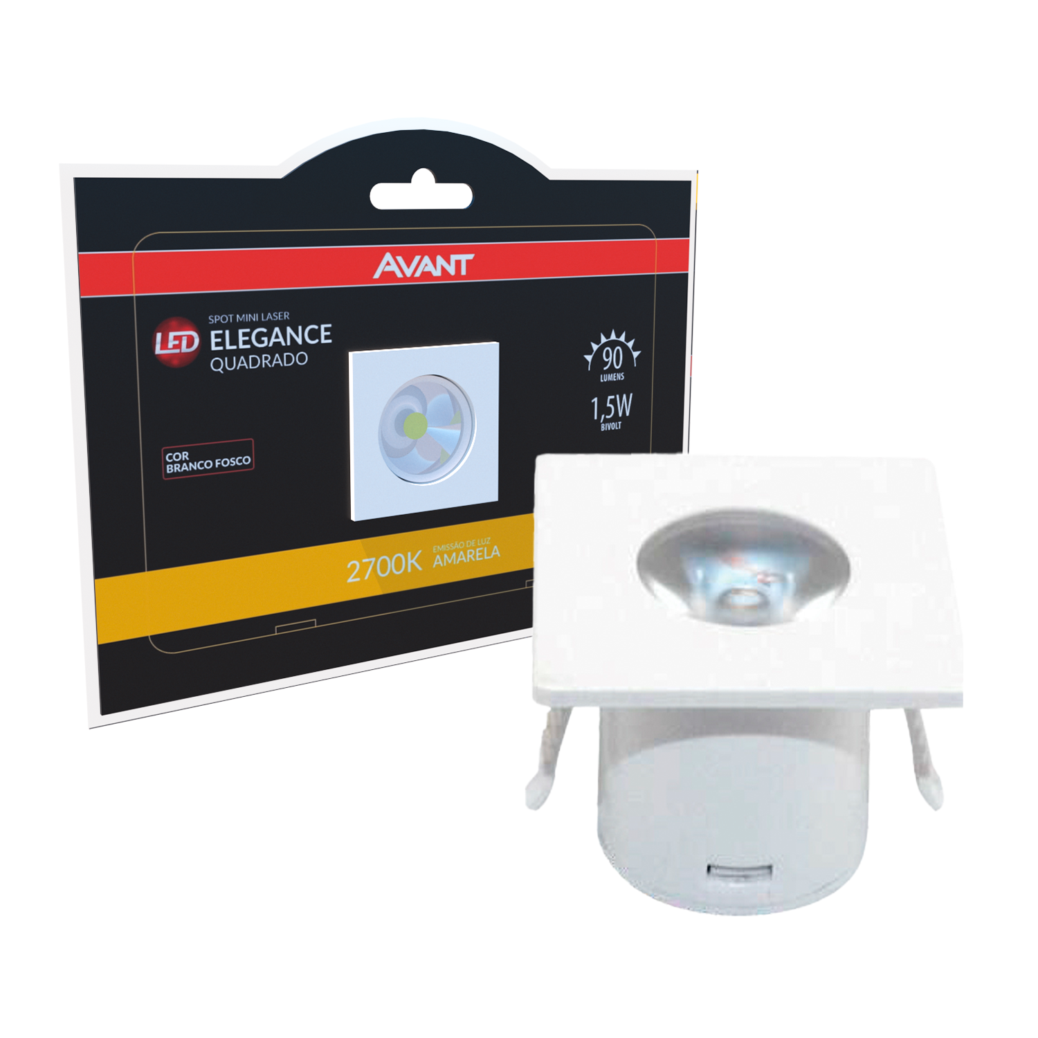 Imagem do produto Avant Mini Spot LED Elegance Quadrado Branco Fosco 1,5W Bivolt 2700K Luz Amarela