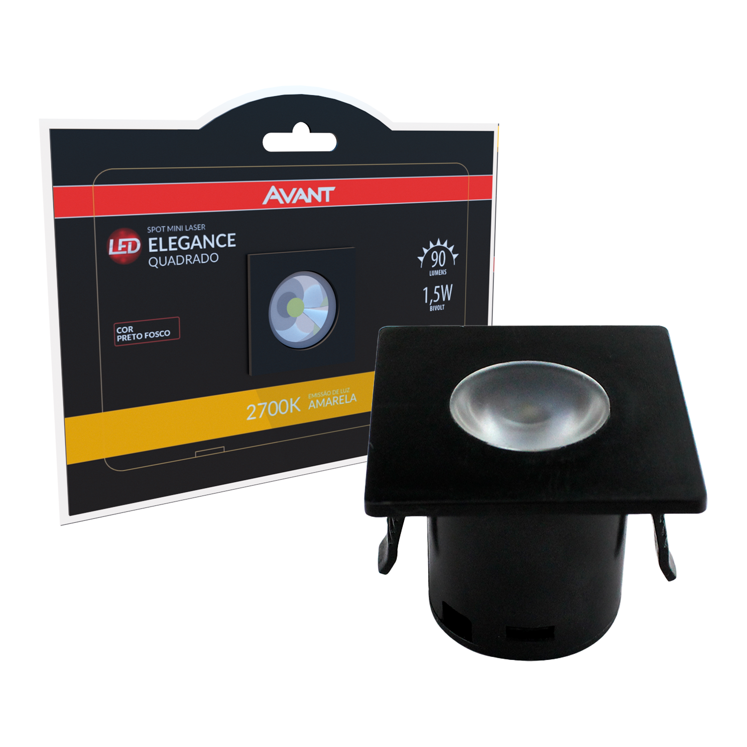 Imagem do produto Avant Mini Spot LED Elegance Quadrado Preto Fosco 1,5W Bivolt 2700K Luz Amarela