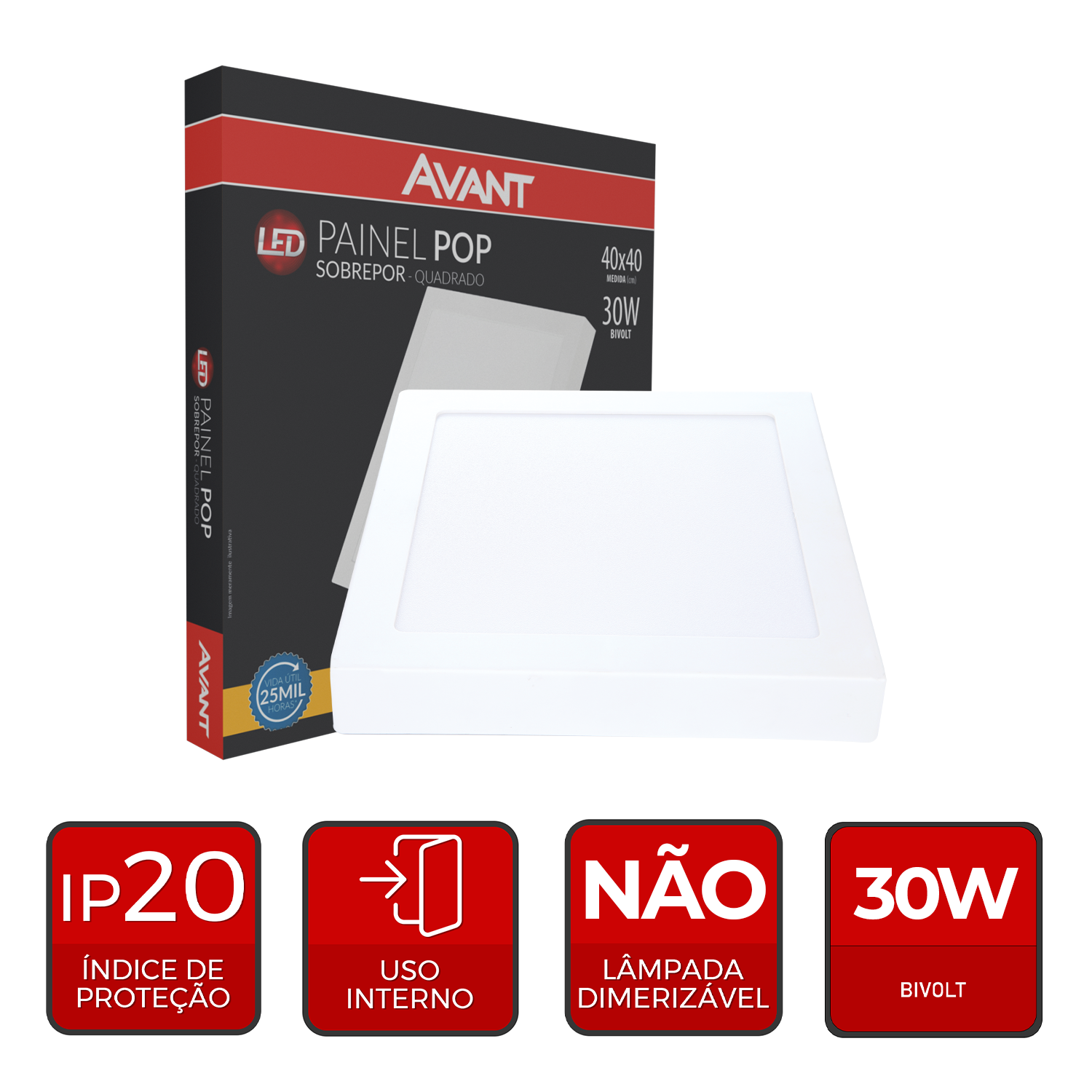 Imagem do produto Avant Painel LED Plafon de Sobrepor Quadrado 30W Bivolt 3000K Luz Amarela