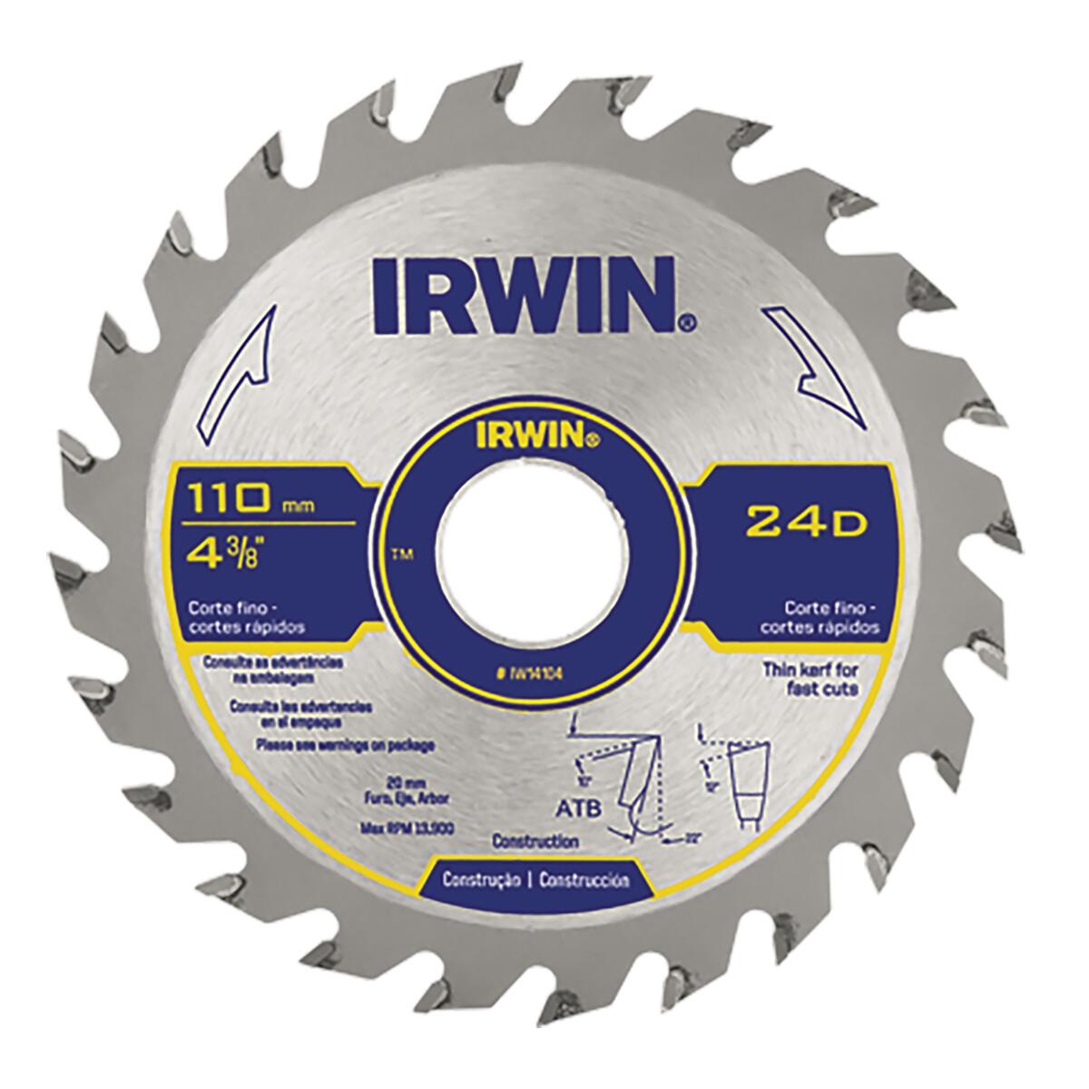 Imagem do produto Irwin Disco de Serra Circular Widia 4.3/8 Pol 24 Dentes Furo 20mm