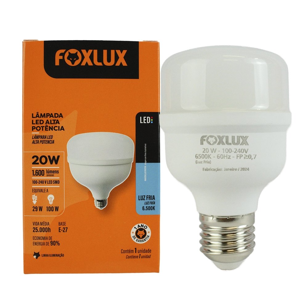Imagem do produto Lâmpada LED Alta Potência Foxlux 20W 6500K Bivolt E27 Branco
