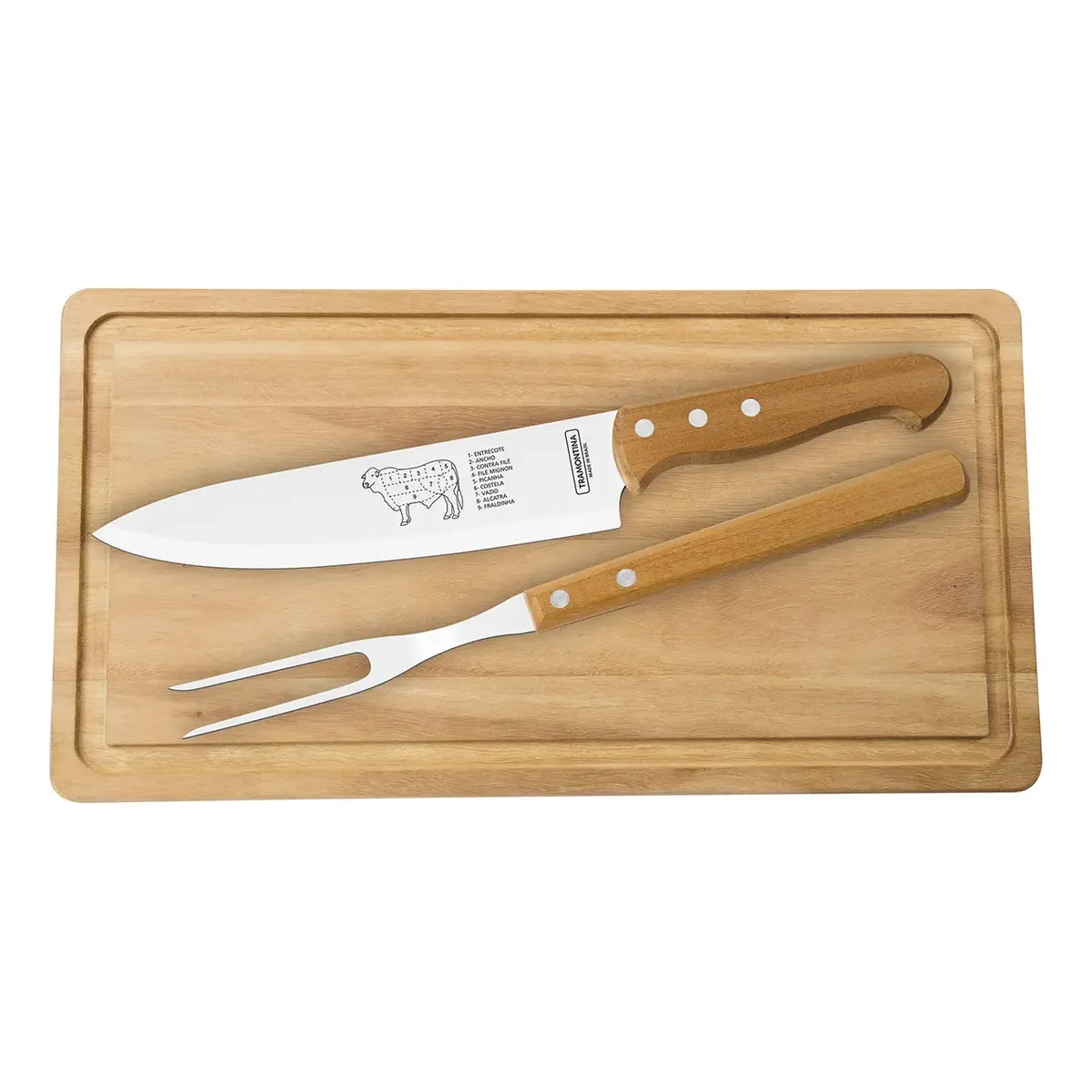 Imagem do produto Tramontina Kit para Churrasco em Aço Inox com Cabos e Tábua de Madeira Natural 3 Peças