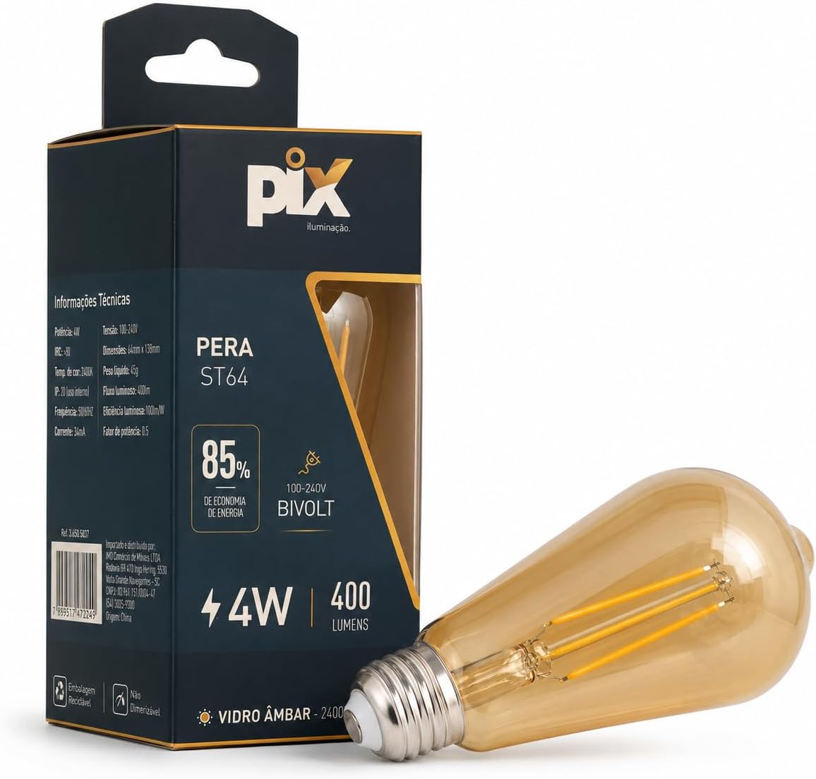 Imagem do produto Pix Lâmpada LED Pêra ST64 Âmbar 4W 2400K