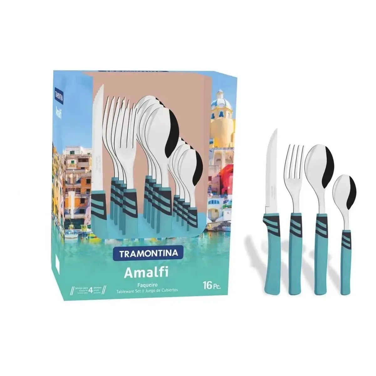 Imagem do produto Tramontina Faqueiro Amalfi em Aço Inox com Cabos de Polipropileno Turquesa 16 Peças