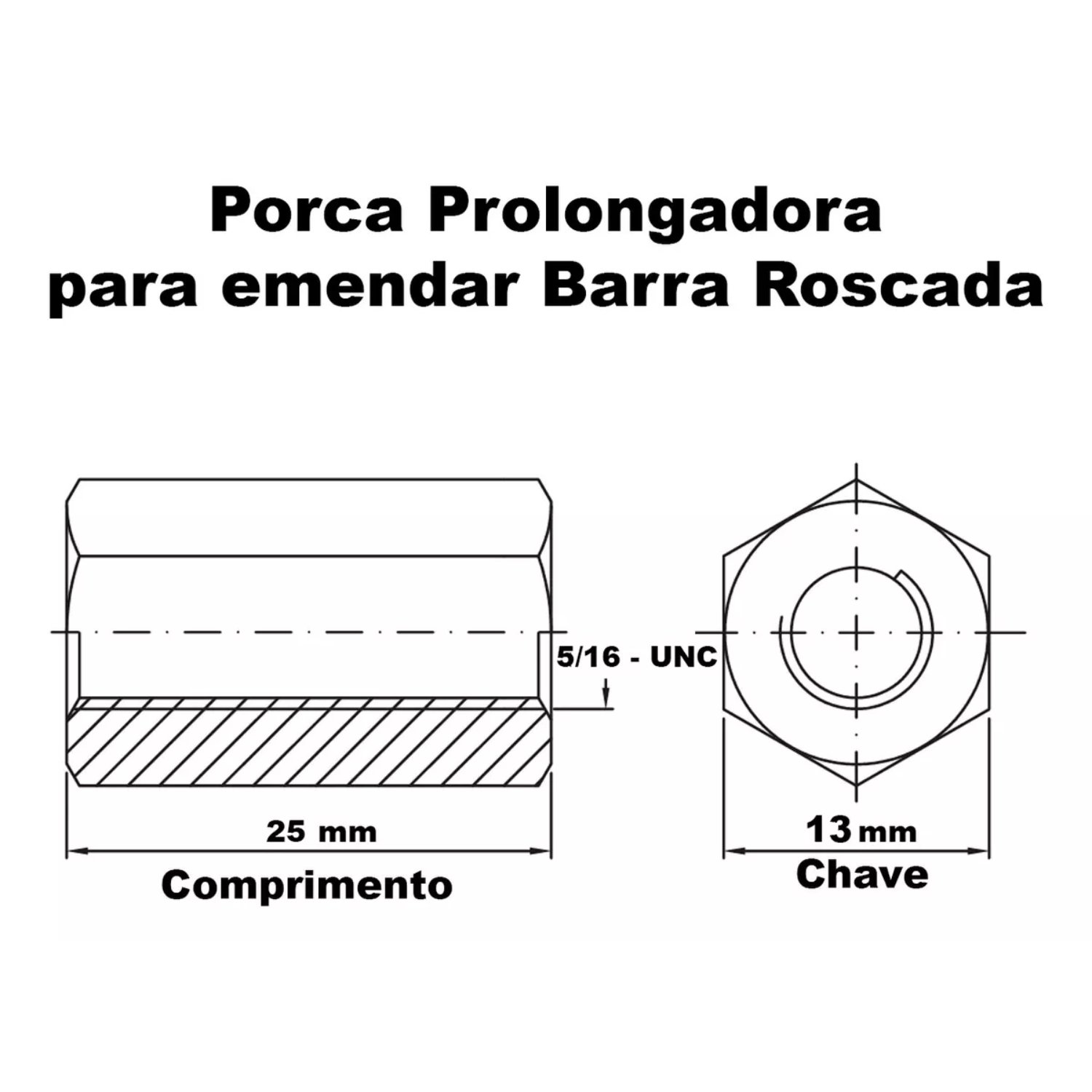 Imagem do produto Prolongador para Barra Roscada Perfurada 5/16" x 50mm