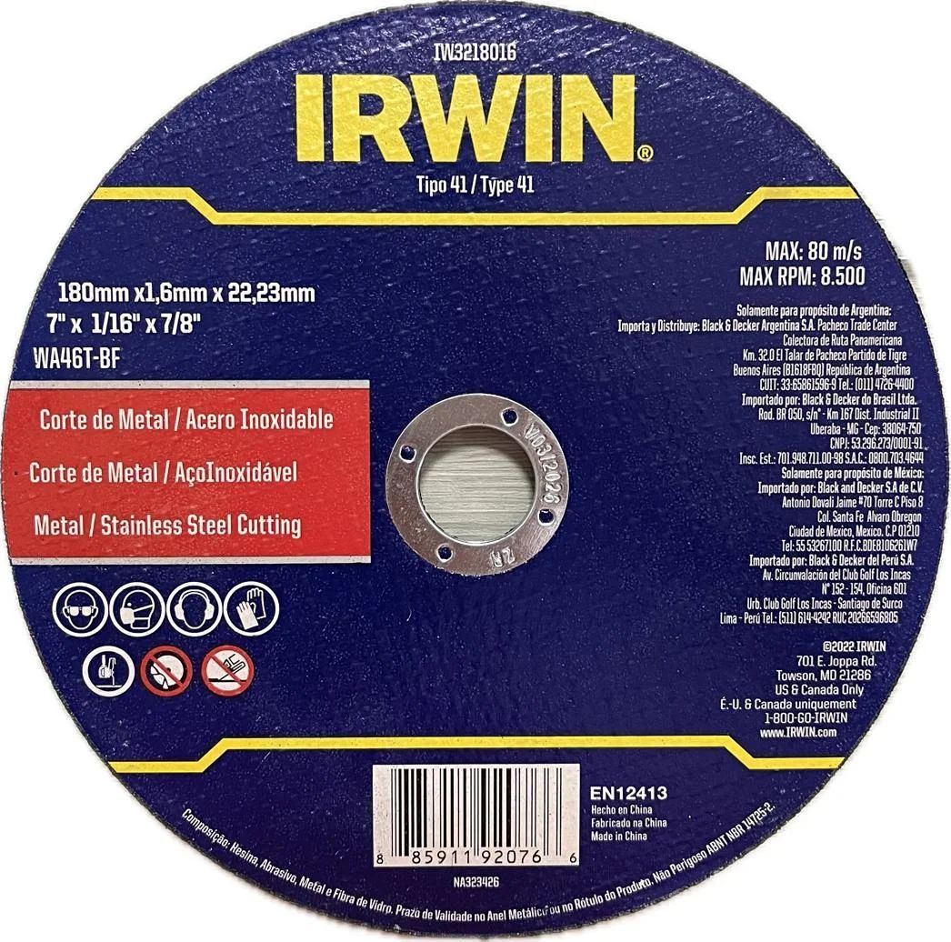 Imagem do produto Irwin Disco de Corte para Metal/Inox 7 Pol. Fino