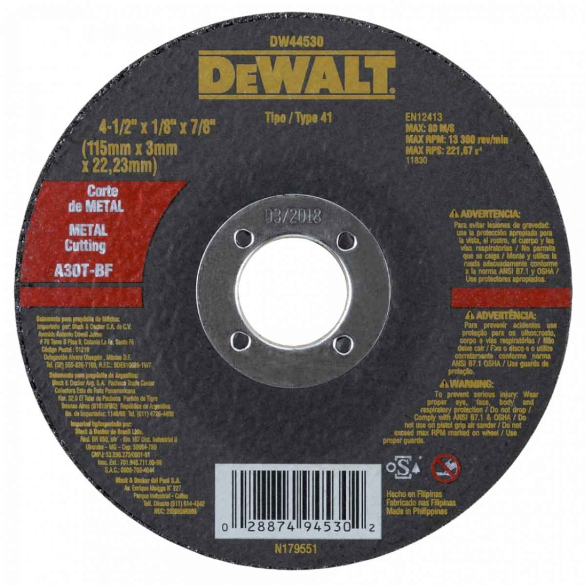 Imagem do produto Black Decker Disco de Corte para Metal DeWalt 4.1/2" x 1/8" x 7/8"