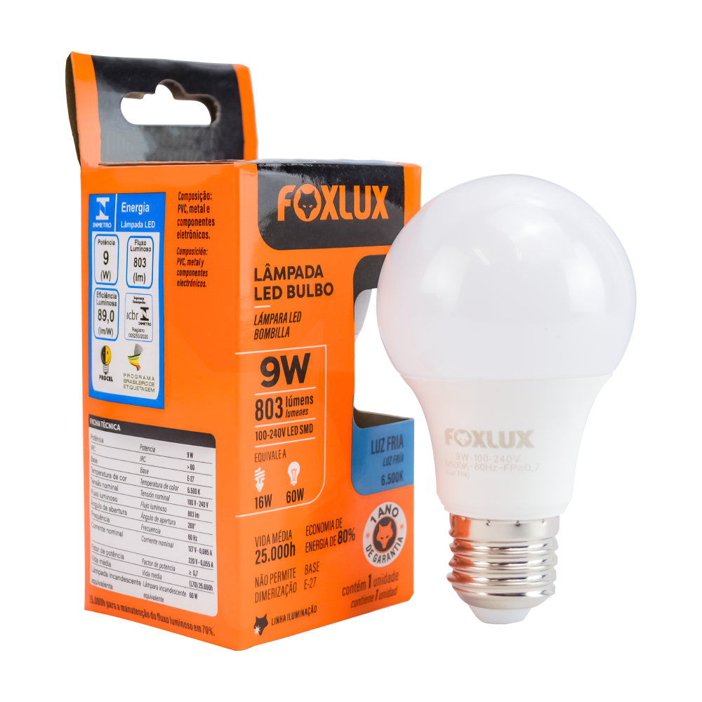 Imagem do produto Lâmpada LED Bulbo Foxlux A60 9W 6500K Bivolt E27 Branco