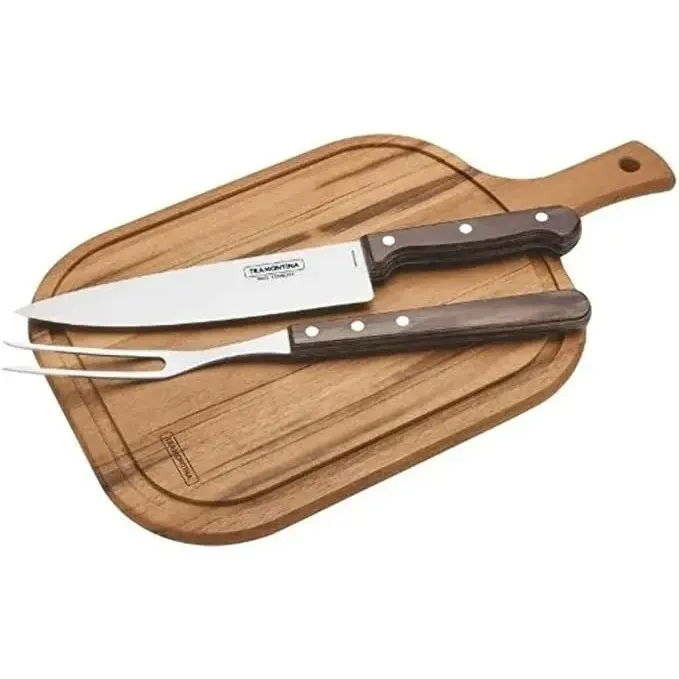 Imagem do produto Tramontina Kit para Churrasco Polywood em Aço Inox com Cabos Castanhos e Tábua de Madeira 3 Peças