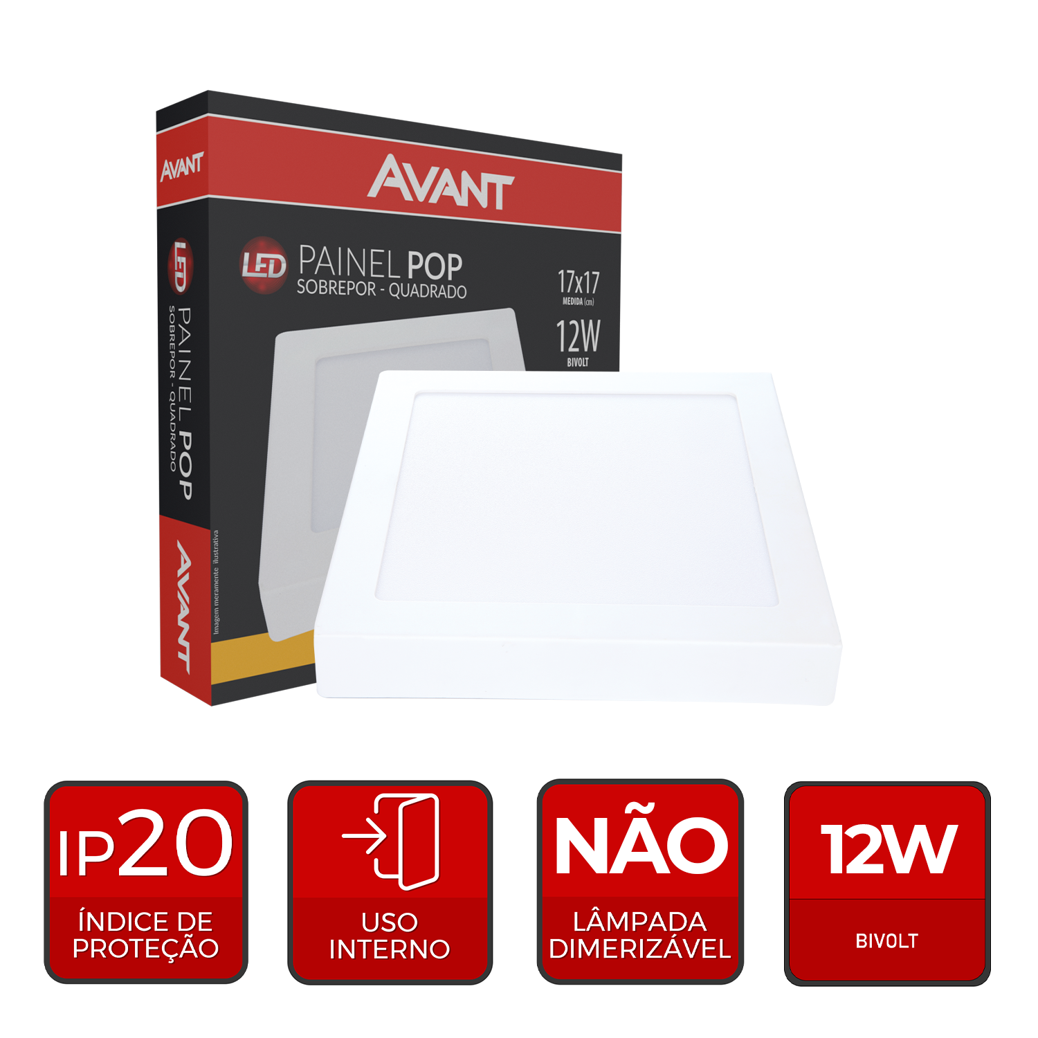 Imagem do produto Avant Painel LED Plafon de Sobrepor Quadrado 12W Bivolt 3000K Luz Amarela